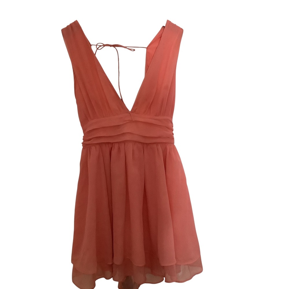 Abercrombie & Fitch Coral Pink Chiffon Deep V-Neck Mini Dress Size ST Tall - Picture 1 of 6